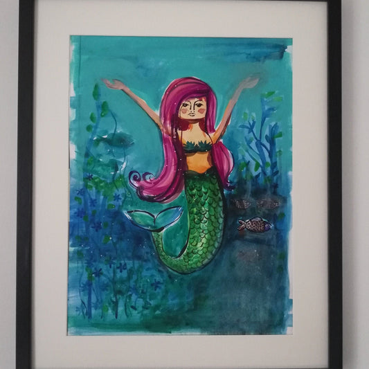 Mermaid, hübsche Meerjungfrau, original Acrylbild auf Papier