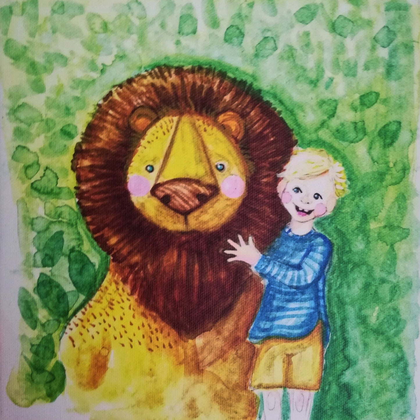 Kunstdruck auf Leinwand, Junge mit Löwe, 20x20cm